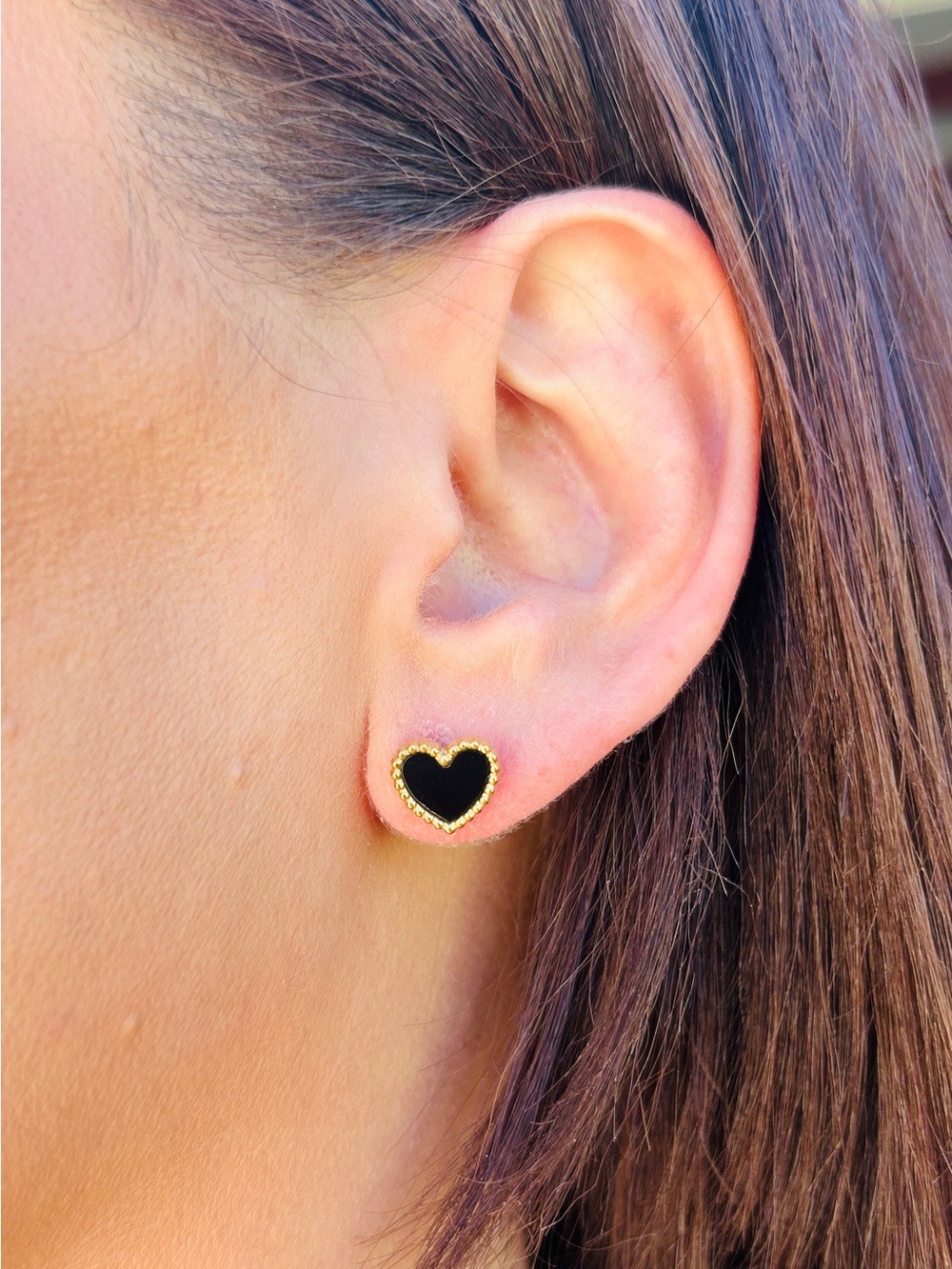 Black Heart Gold Tone Stud Earrings Dainty Romantic Minimalist Jewelry